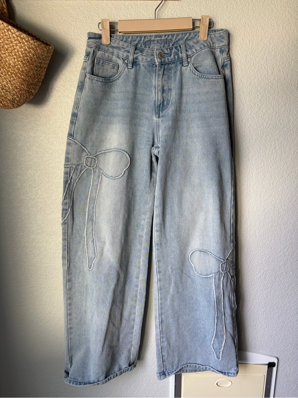 J for Justify Light Blue Wide-Leg Jeans with Embroidered Bow Accents